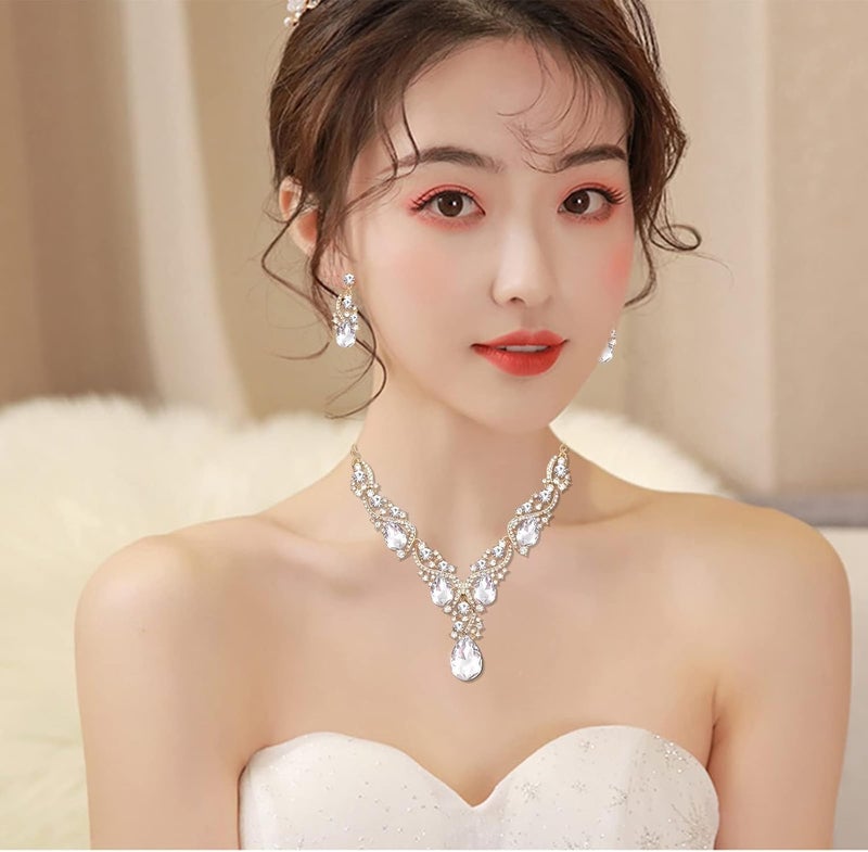 CSY Women's Elegant Bridal Necklace Earrings Stretch Bangle Bracelsts Set for Bride Bridesmaid Wedding Teardrop Crystal Costume Jewelry Sets - Image 2